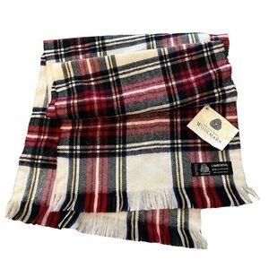 NWT Woolmark 100% Lambswool Scottish Plaid Scarf, Cream / Red